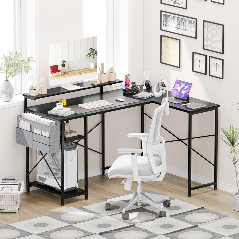 Laberta Modular L-Shaped Iron Computer Desk with Built-In Electrical Outlet