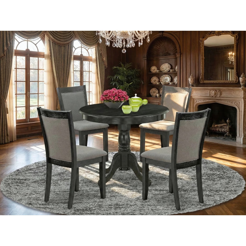5-Piece Modern Dining Table Set Contains a Modern Dining Room Table and 4 Dark Gotham Grey Linen Fabric Dining Room Chairs - Wire Brushed Black Finish