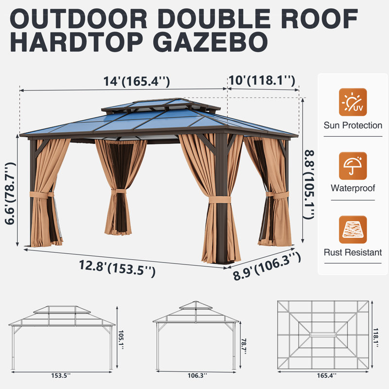  14 Ft X 10 Ft Metal Patio Hardtop Gazebo