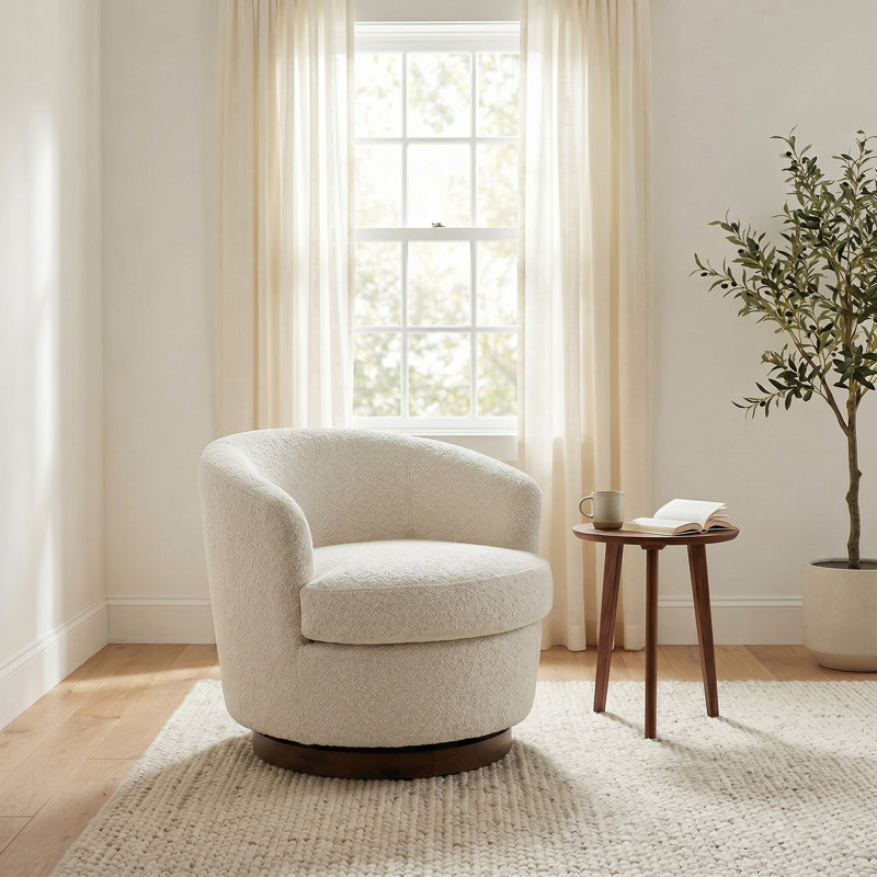 Boucle Swivel Barrel Accent Chair with Wood Base, Fully Assembled, Ivory