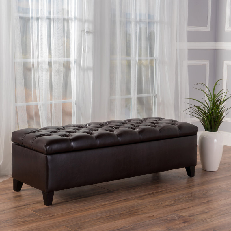 Drayton 51'' Contemporary Faux Leather Storage Ottoman with Button Tufting and Soft-Close Hinges, Chocolate