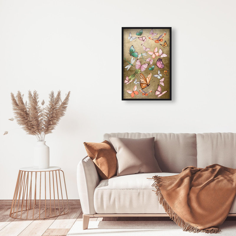 Oliver Gal Flying Over Gold Butterflies - Leaf Framed Shadowbox Art, Black, 37.5" H x 25.5" W