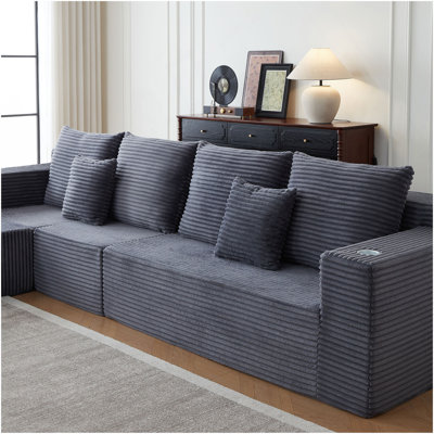 Deep Seat Corduroy Modular Cloud Couch with Cup Holders, No Assembly Required