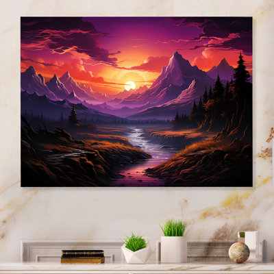 Orange coucher de soleil orange dans les montagnes mauves - paysages abstraits, art mural en métal