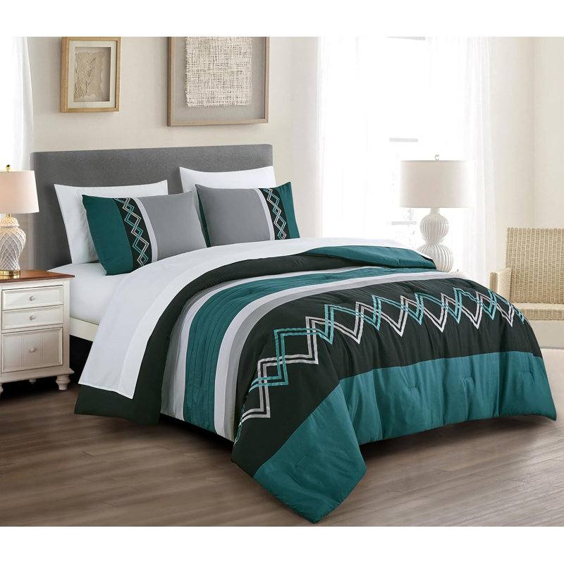 7-Piece Modern Pleated Stripe Embroidered Comforter Set with Sheets, King Comforter + 6 Additional Pieces, Teal/Black/Gray