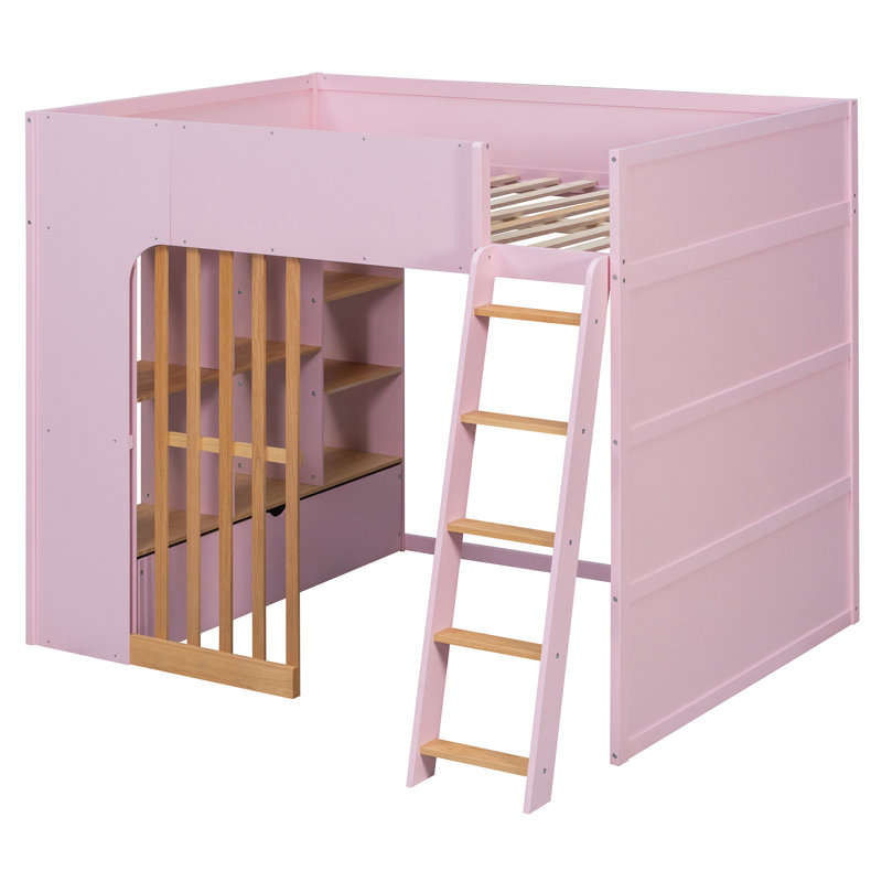 Lits peu encombrants avec rangement, mezzanine moderne en bois aggloméré pour chambre d'enfant, Rose