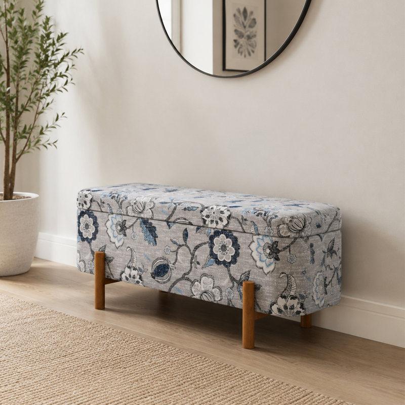 Banc de rangement avec repose-pieds Ashton, Tissu floral gris