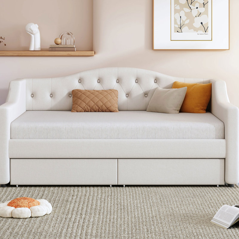Simple TG, lit de jour, beige, revêtement, ceinture à DEL, 2 tiroirs, lattes, lin rembourré à utilisation régulière, sans sommier, esthétique de chambre à coucher