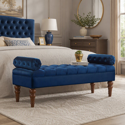 Banc de lit long en velours pour chambre à coucher, banc de fenêtre rembourré avec bouton touffeté, banc de vestibule, banc de traversin pour salon - bleu marine