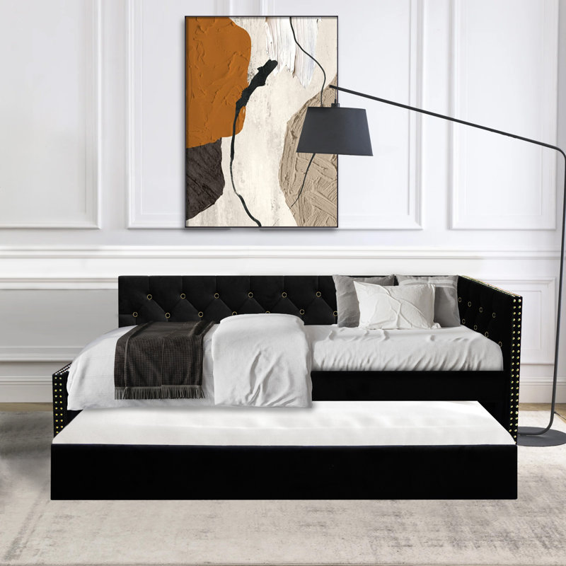 Tomm Spritz Twin Size Black Velvet Upholstered Corner Daybed with Trundle, Button-Tufted Backrest and Nailhead Trim (No Box Spring Required)