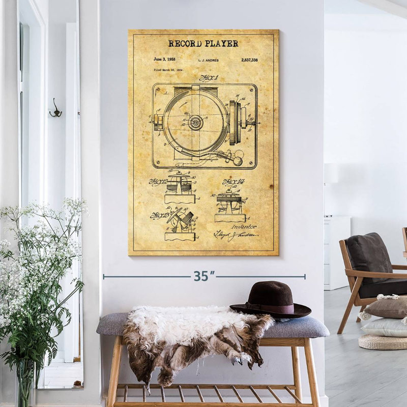 Disque tourne-disque brevet sur toile, H 39 po x l 26 po x P 1,25 po