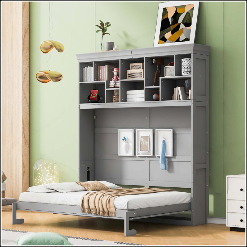 Grand lit escamotable mural avec tablettes supérieures et USB, gris