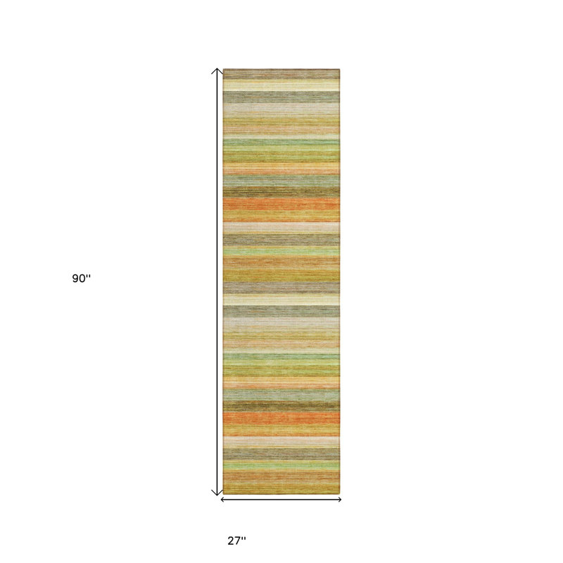 2' X 8' Artichoke Green Striped Washable Non Skid Indoor Outdoor Runner Rug