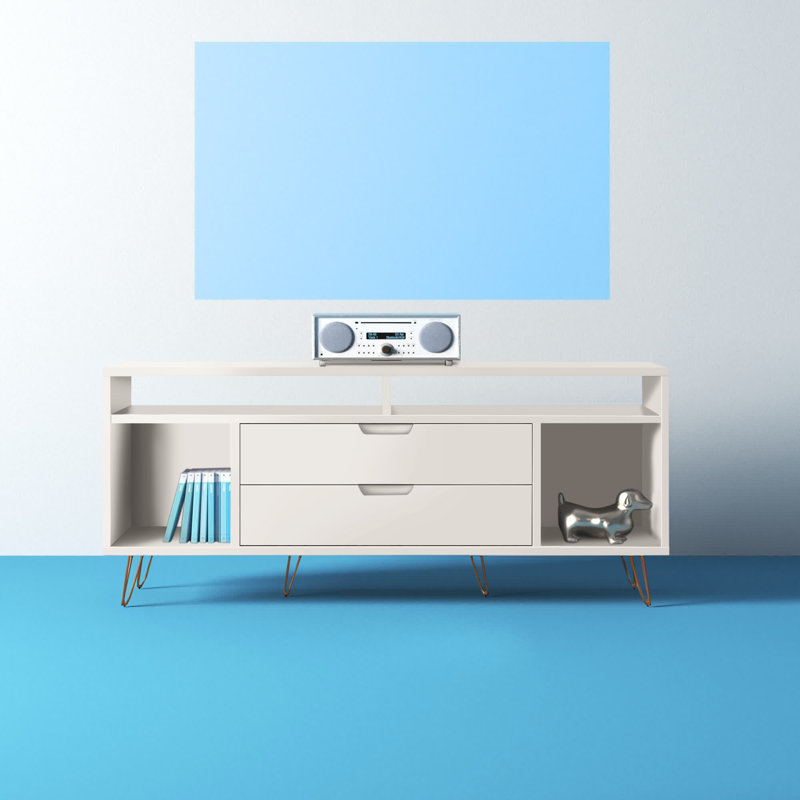 Rockefeller 63" Mid-Century Modern TV Stand with 4 Shelves and 2 Drawers for TVs up to 60" in Off White, Off White