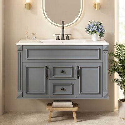  36" French Simple Style Wall Mounted Bathroom Vanity with Ceramic Sink and Soft-Close Drawers