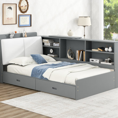 Lit plateforme simple avec tête de lit tapissier grise, tablettes de rangement, 2 tiroirs pour le confort, tiroirs élégants, beauté