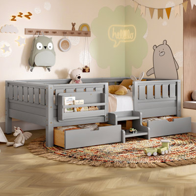 Twin Loft Bed with Staircase, Built-in Bookshelves & Storage Drawers, Safety Rails, Wood Bed Frame, Gray