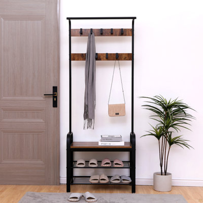 Portemanteau, portemanteau avec banc à chaussures pour l'entrée, banc d'entrée avec portemanteau, 4 en 1, avec 9 crochets amovibles, une tringle suspendue, brun rustique et noir 13,8 x 25,2 x 72,8 pouces
