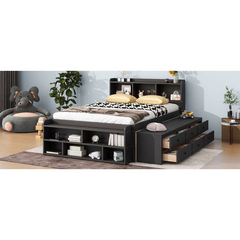 Lit double avec tête de lit bibliothèque, tiroirs de rangement sous le lit et étui de rangement, Espresso