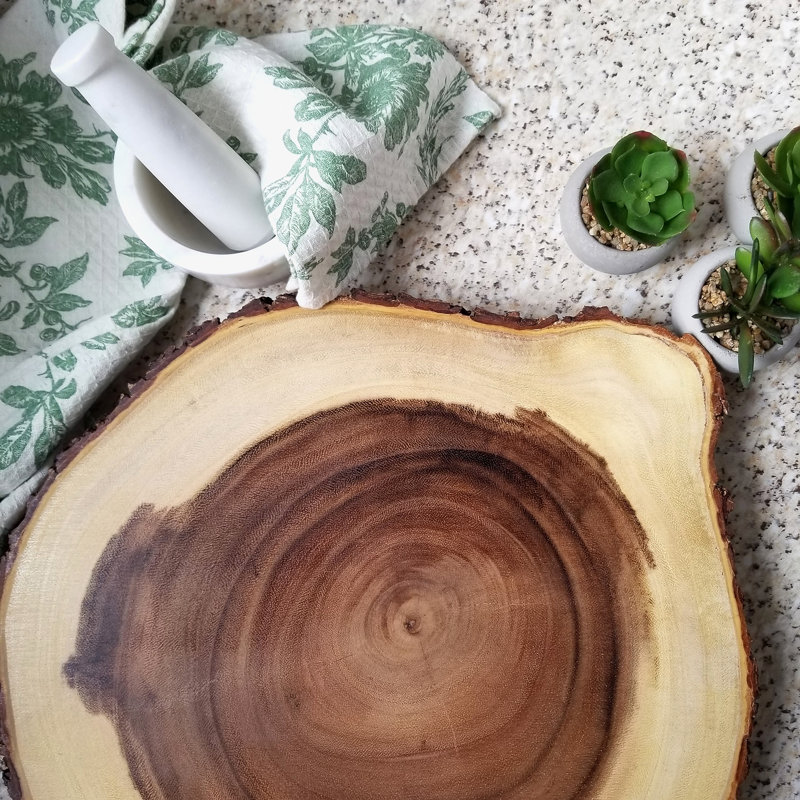 Large Rustic Acacia Wood Lazy Susan with Bark Rim