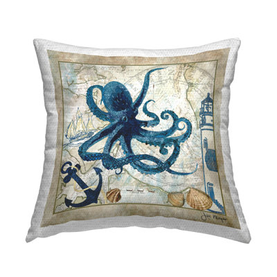 Coussin décoratif imprimé Octopus & Nautical Map par Jill Meyer