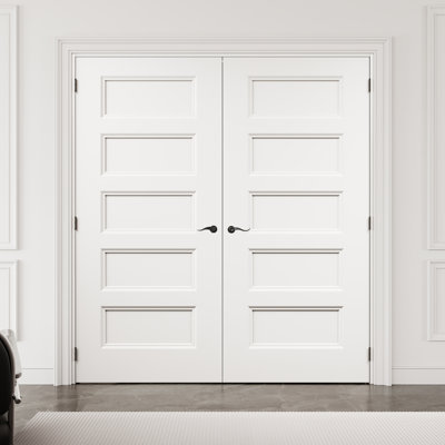 72" x 80" 5-Panel Hollow Core Interior French Door with Black Hardware & Latch & Door Lever, White Finished & Paintable, Durable & Waterproof, Suit for Laundry, Closet Doors, Room Doors, Assembly Required