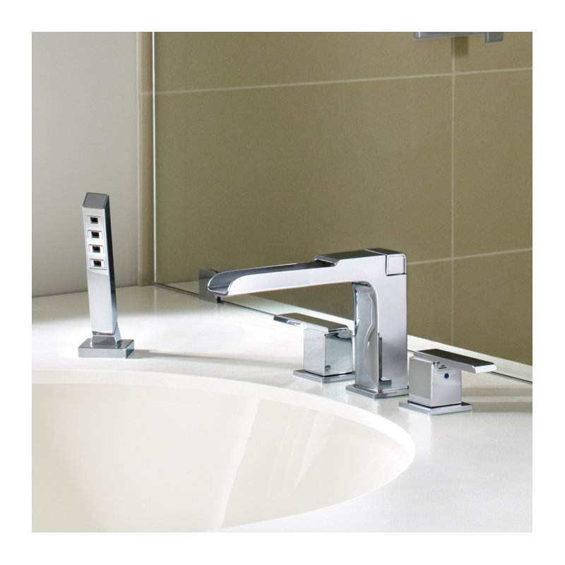 Ara Double Handle Deck Mounted Roman Tub Faucet Trim with Handshower, Chrome