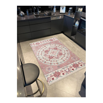 Tapis décoratif lavable à la machine à motif floral rose