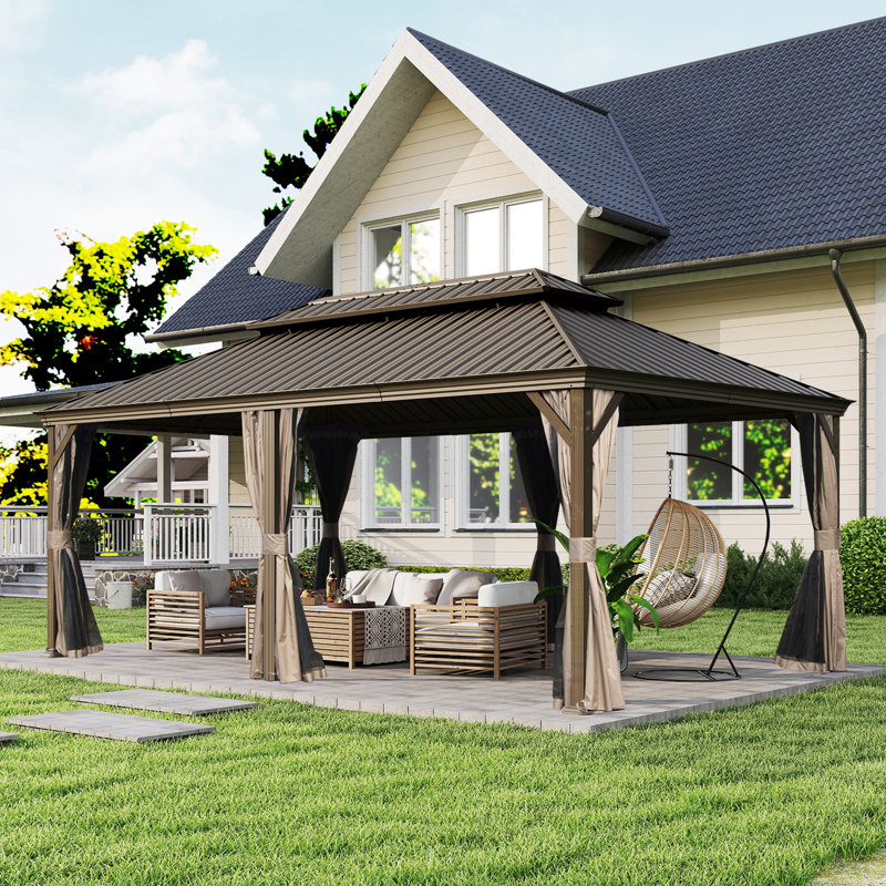 18 Ft. W x 12 Ft. D Galvanized Steel Patio Gazebo with Double Roof, Brown