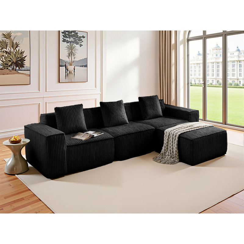 Boneless L-shaped corduroy modular sofa with free combination and boneless, Black Corduroy