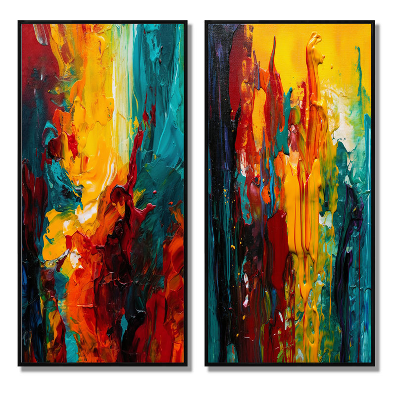 «Yellow and Turquoise Journey Of Abstraction», 2 pièces sur toile, Cadre noir, H 20 po x l 24 po
