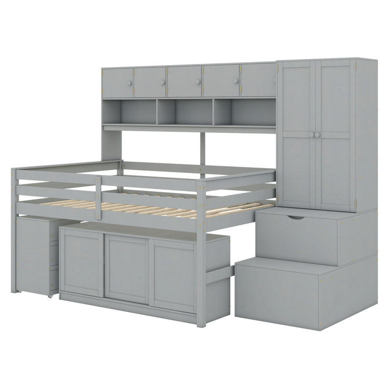 Jawonna Wooden Loft Bed With Under-Bed Desk, Drawers And Shelves, Full, Gray