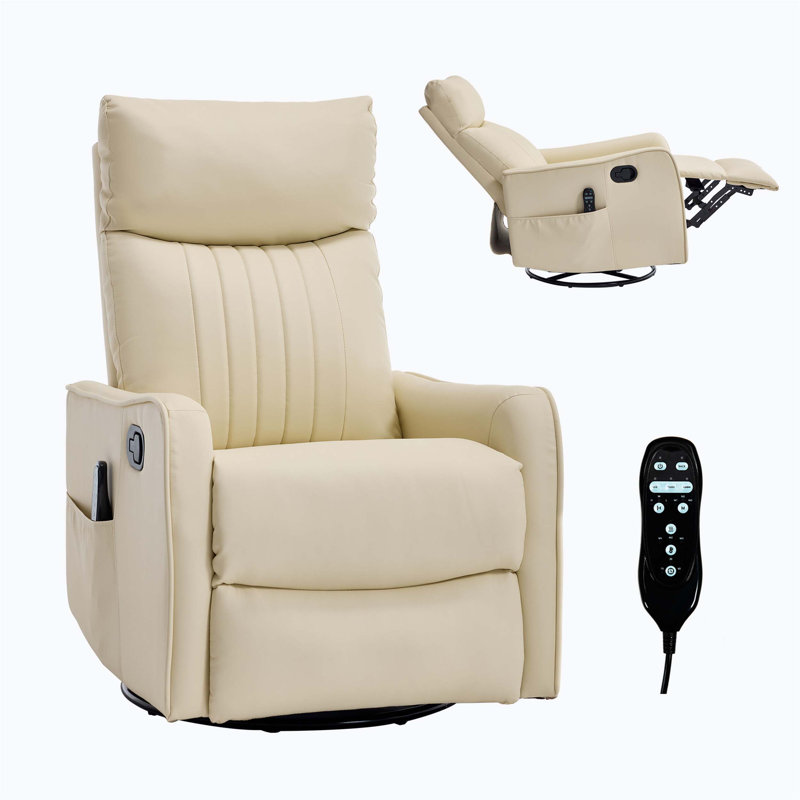 Beige Heat Massage Manual Recliner Chair with Rocker and Swivel in Faux Leather for Living Room, Beige