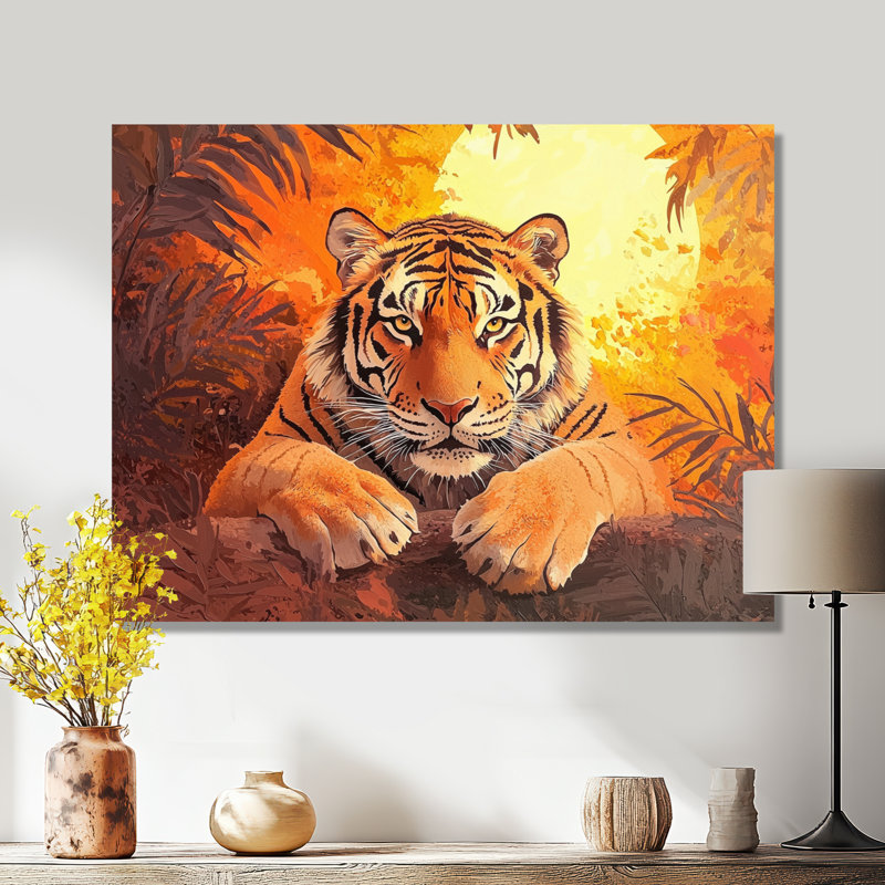 Tigre dans la jungle au coucher du soleil - animaux, impression murale en métal, H 16 po x l 32 po