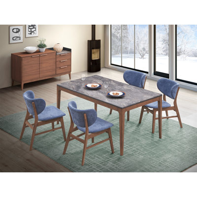 Bevis 5-Piece Walnut Finish Dining Set With Gray Marble-Look Tabletop And Blue Upholstered Chairs