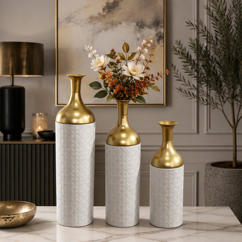 Ensemble de 3 vases décoratifs en métal, motif de feuilles, grands vases cylindriques artisanaux pour salon ou entrée