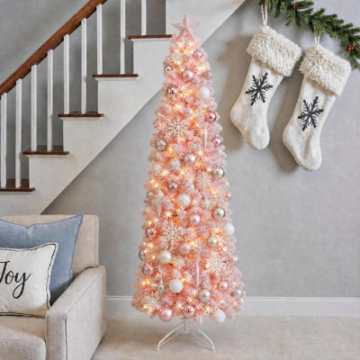 Sapin de Noël floqué rose de 1,80 m, fin et pré-illuminé, avec 250 DEL blanc chaud et 600 décorations lumineuses – Décoration de Noël idéale pour les appartements et les bureaux.