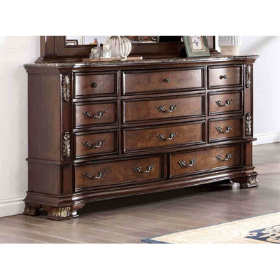 Commode 1 pièce en cerisier brun de style traditionnel avec plateau en marbre véritable et poignée ronde en bronze et poignées suspendues dans la chambre à coucher