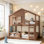 Lit superposé double pleine grandeur avec bibliothèque, lit mezzanine double en bois avec rails de sécurité et échelle, lit superposé double sur lit double pour enfants, naturel