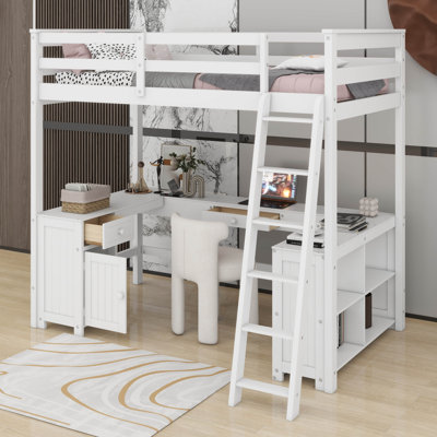 Full Size Loft Bed With U-Shaped Desk, Drawers And Shelves