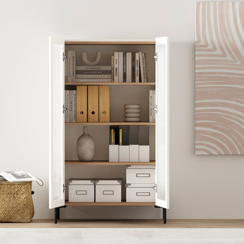 Abbey Modern Tempered Glass Bookcase Cabinet with Adjustable Shelves in Maple and Off White, Maple/Off white