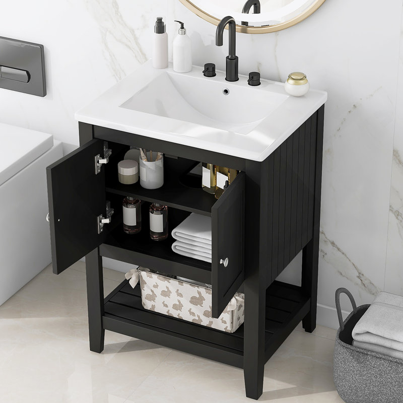 Lavabo de salle de bain moderne élégant en céramique noire 24 po avec tablette ouverte en bois massif , Noir / Argenté