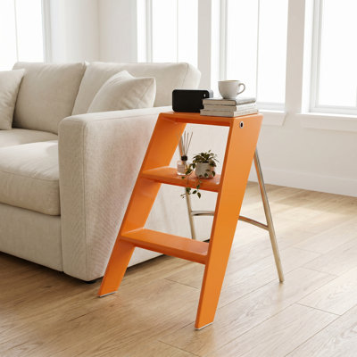 3-Step 2-In-1 Step Ladder & Bar Stool, Foldable Storage Ladder Stool For Kitchen Island, Home Bar, Bedroom & Living Room, Orange