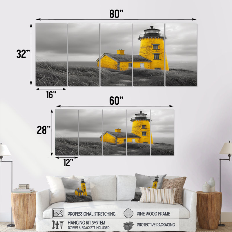 Photo de phare jaune jaune au Canada II - ensemble d'art sur toile phares, H 28 po x l 60 po