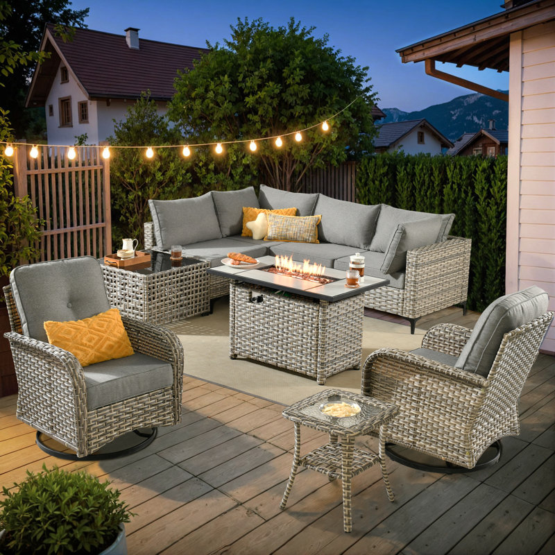 Emroy 6 - Person Outdoor Wicker Sectional Seating with Swivel Chairs, Modern Modular Rattan Conversation Set with Cushions