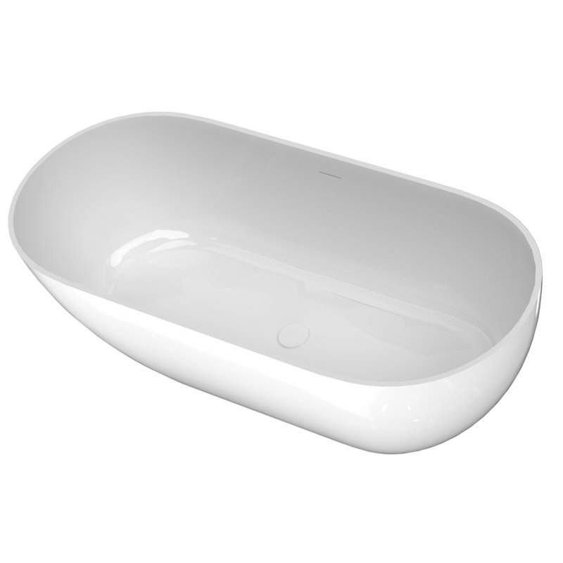 59" x 29.5" Solid Surface Stone Resin Freestanding Soaking Bathtub, Glossy White
