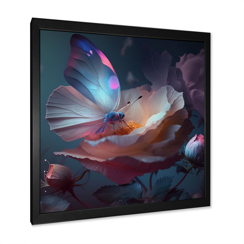 Fleur crème avec papillons en fleurs I - décoration murale florale, Cadre photo noir, L 16 po x H 16 po