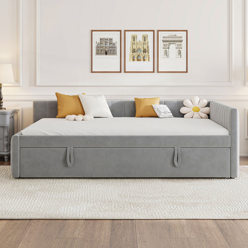 Stylish Striped Upholstered Daybed with L-Shaped Backrest and Pull-Out Trundle for Modern Comfort and Convenience, Gray