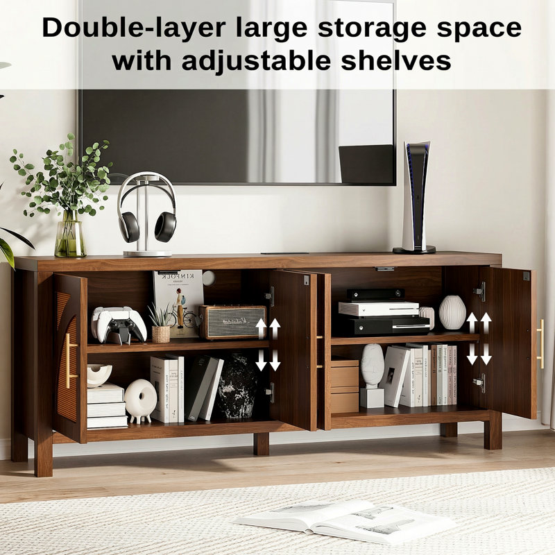 59.9"W Mid-Century Modern TV Stand With Charging Station And Adjustable Shelves, TV Console With 4 Rattan Storage Cabinets For TVs Up To 65"