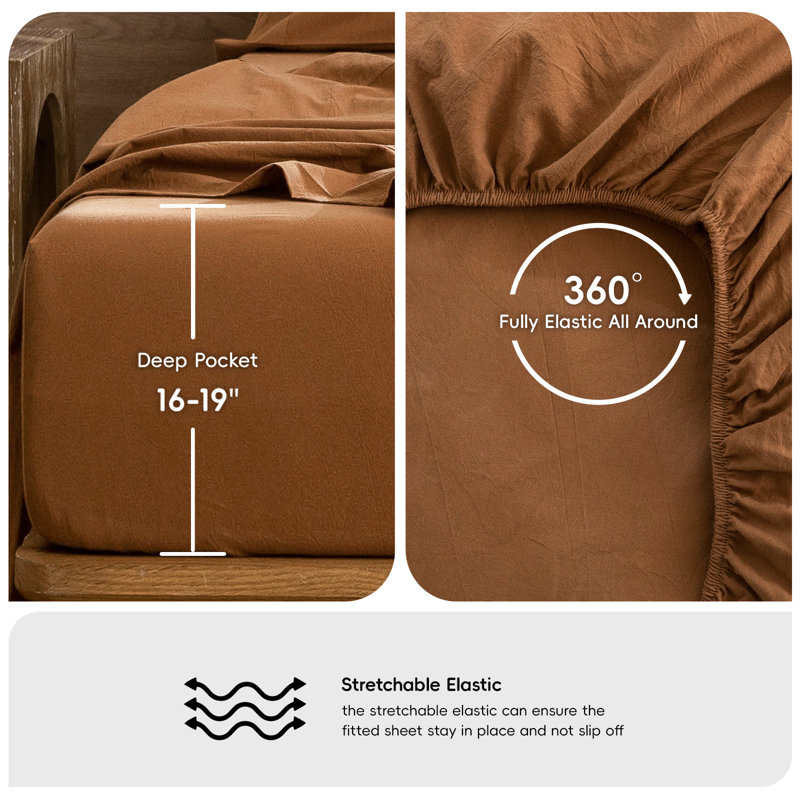 MooMee Sheet Set Extra Deep Pocket 100% Washed Cotton Linen Like Textured Lightweight Breathable, Dark Orange